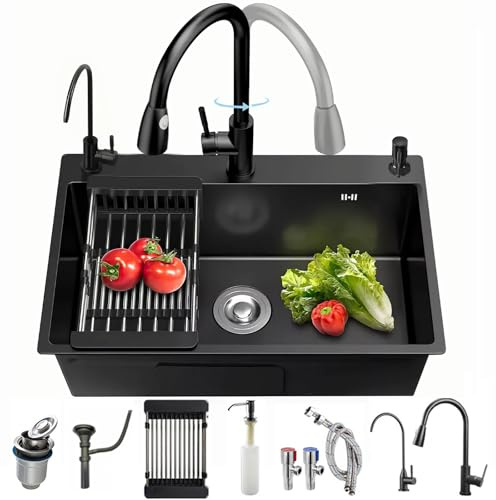 Küchen Spülbecken Edelstahl Küchen Waschbecken Praktisches Schwarze Spüle Spülbecken mit armatur set Mit Tassenspüler, Seifenspender und Ablaufgarnitur (68 * 45cm)