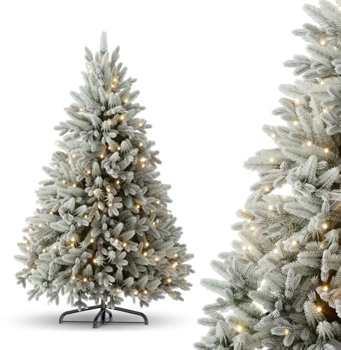 150cm Weihnachtsbaum Künstlich PE+PVC mit Beleuchtung LED，Weiß Schneeflocken Tannenbaum Künstlich mit Holzständer，Premium Nordmanntanne, Automatischer Christbaum，Naturgetreuer Tannenbaum Künstlich