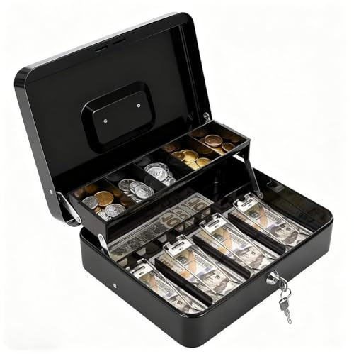 Geldkassette Abschließbar mit Schlüssel, Münzzählbrett & 4 Scheinfächer, Tragbare Metall Geldkasse für Haus, Büro & Veranstaltungen, HBT 9 x 30 x 24 cm (Schwarz)