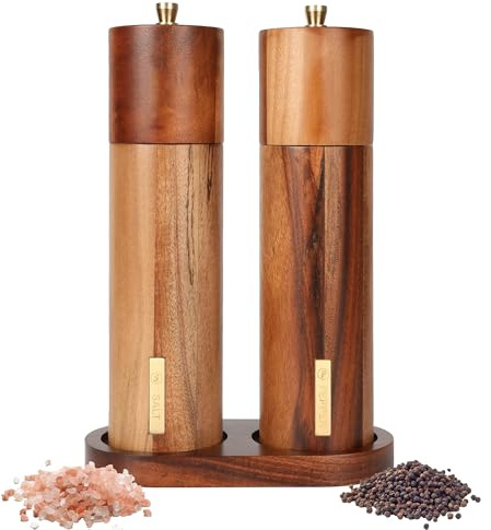 Wooden Salt and Pepper Grinder Set 8 Inch with Tray, Manual Salt and Pepper Grinder Refillable with Adjustable Coarseness, Grinder for Home, Kitchen