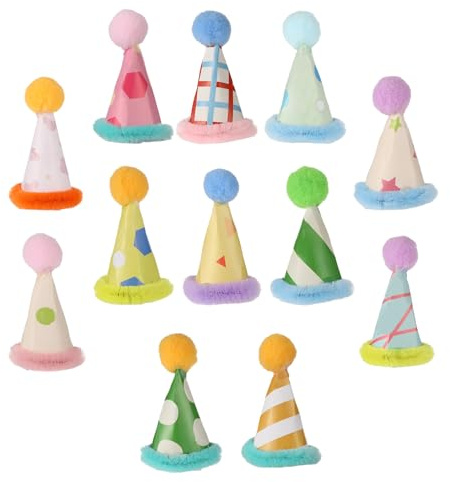 Tucnoeu 12 st partyhattar för gosedjur, minifesthattar för gosedjur, festhatt, färgglada pappershattar med poms för födelsedag, husdjur och dockor