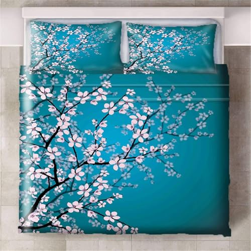 Set Copripiumino Matrimoniale 240x220 cm Fiori di Ciliegio Biancheria da Letto Fiori Rosa in Morbido Microfibra 3 Pezzi 1 Copripiumino e 2 Federe 50x80 cm con Cerniera J.1036