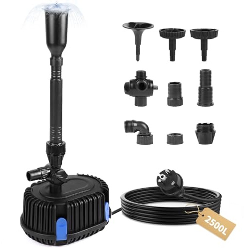 DBREAKS Pompe pour Fontaine Extérieure Jardin 2500L/H 2,7 M, Pompe de bassin 45W avec Câble 10 M, Pompe à Filtre Submersible, Pompe à eau pour Koï, Étang, Ruisseau, Débit Réglable