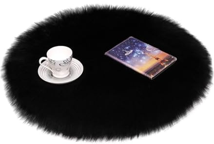 Qiantull Kunstfell Teppich Runde Fellteppich Kunstpelz Teppiche Plüsch Flauschige Dekofell Lammfell Schaffell Teppich Kunstfell Matte für Wohnzimmer Schlafzimmer Kinderzimmer Schwarz 50cm