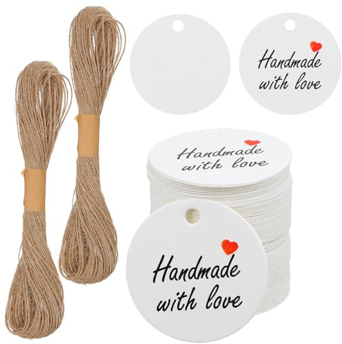 TIESOME Lot de 200 étiquettes cadeaux de 3 cm, faites main avec amour, en papier Étiquettes rondes avec 2 paquets de 20 m de ficelle de jute naturelle. Étiquettes de Noël et de loisirs créatifs