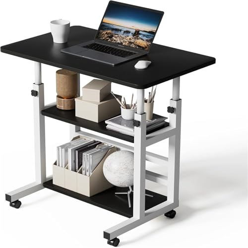 Warmiehomy Höhenverstellbarer Schreibtisch Platzsparender Laptoptisch 60x40cm Computertisch mit Rollen Schreibtisch Schwarz mit Regal Mobiler Beistelltisch PC Tisch für Home Office,Bett,Sofa,Schwarz