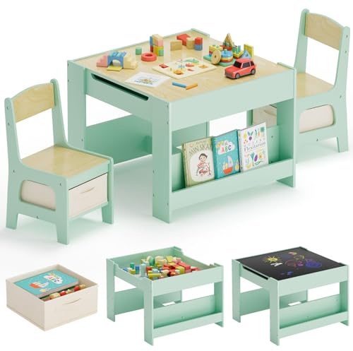 MAMIZO Tavolo per bambinicon 2 sedie, 3 in 1 Set tavolo e sedie, Mobili in legno per bambini con contenitori e librerie, Tavolo da gioco e attività, Tavolo da disegno, 3-7 ann (Verde)