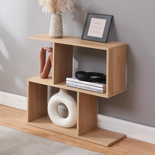 [en.casa] Mesa Auxiliar Koxjö para Salón Dormitorio Recibidor Mesa de Sofá Estantería de Pie 2 en 1 para Café Mesita en Forma S con Compartimentos Abiertos Estantes 57 x 60 x 20 cm Efecto Roble