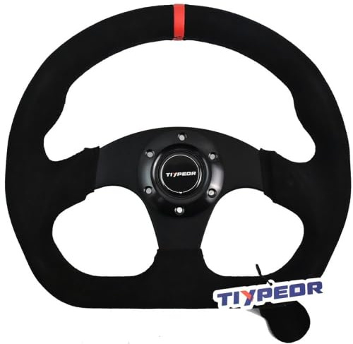TIYPEOR Volante de carreras Go-Kart con forma de D de 320 mm (12,6), de cuero de gamuza negro con costuras amarillas, ideal para coches deportivos de drifting y simuladores de conducción.
