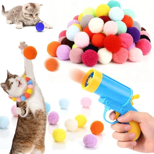 Qixuer Pompones para Gatos, Paquete de 100 Pompones 3cm con Lanzador, Pelotas Suaves para Gatos, Pelotas Interactivas para Gatos en Interior, Juguetes de Caza para Gatitos