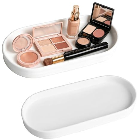 2 Stück Badezimmer Tablett Keramik, 20x9x2 cm Oval Deko Tablett Weiß, Kosmetiktablett Dekotablett Kosmetik Kleines Tablett für Schminktische Küchen Esszimmer Badezimmer Deko