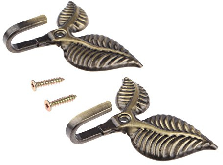 Hicello 2PCS Antique Curtain Tieback Hooks, Antique Bronze Double Leaf | Solid Cast Metal with Leaf Carving, Multifunctional Wall Hook for Bedroom Bathroom Entryway, 4x2 Inch