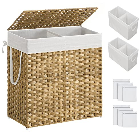 SONGMICS Laundry Hamper with Lid, 110L Clothes Hamper with 2 Removable Liner Bags, 6 Mesh Bags, Wicker Laundry Basket, Double Laundry Hamper for Bathroom, 13 x 22.4 x 23.6 Inches, Natural ULCB52NL