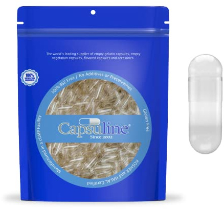 Capsuline Clear Size 00 Gelatin Empty Capsules (100 Count), Kosher Certified, Gluten-Free, Pure Bovine with Unique Lock Technology