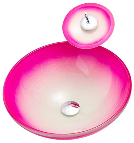 Ksunun Waschbecken Pink Gehärtetes Glas Aufsatzwaschbecken Runden Design Handwaschbecken mit Messing Wasserfall Wasserhahn und Wasserablauf, Montagering, Aufsatz Waschschale für Bad