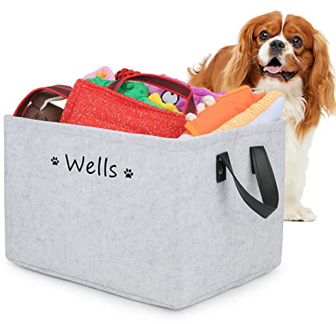 Cuperay Hundespielzeug Aufbewahrungsbox mit Personalisierte Namen, Faltbar Spielzeugkiste mit Ledergriffen, Aufbewahrungskorb für Die Organisation Von Hundespielzeug und Haustierzubehör