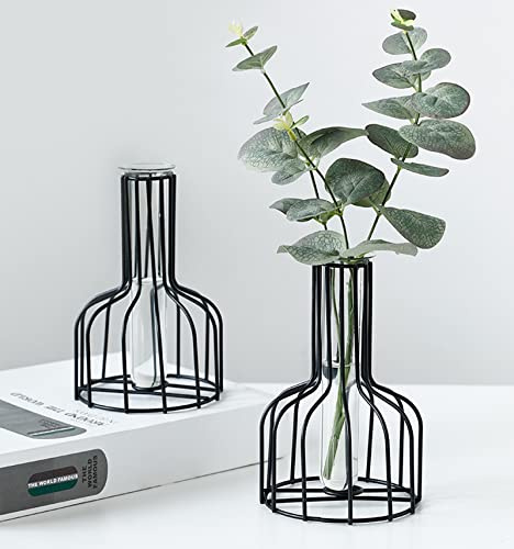 2 Stück Schwarze Blumenvase mit Metallrahmen, klares Glas, Reagenzglas, dekorativ, kleine Knospenvasen, Geschenke für Hochzeitsdekoration, Tischblumendekoration, Innendekoration, Wohnzimmerdekoration