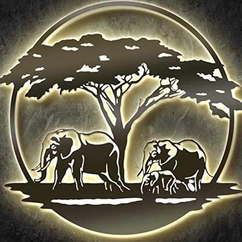 Namofactur Elefant-LED-Wanddeko aus Holz mit Hintergrundbeleuchtung | Batteriebetrieben und mit Edelstahl-Wandhalter – beleuchtete Elefantendeko für Schlafzimmer, Wohnzimmer oder Kinderzimmer