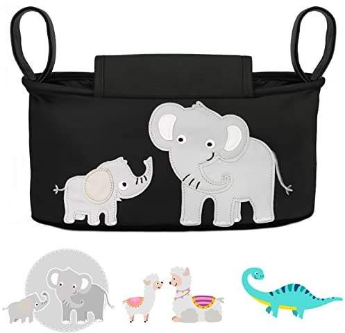 GLÜCKSWOLKE Kinderwagen Organizer - 12 Motive I Kinderwagentasche verschließbar I Kinder Buggy Tasche mit Feuchttuchspender I Baby Stroller Bag Black I Aufbewahrungstasche Elefant schwarz