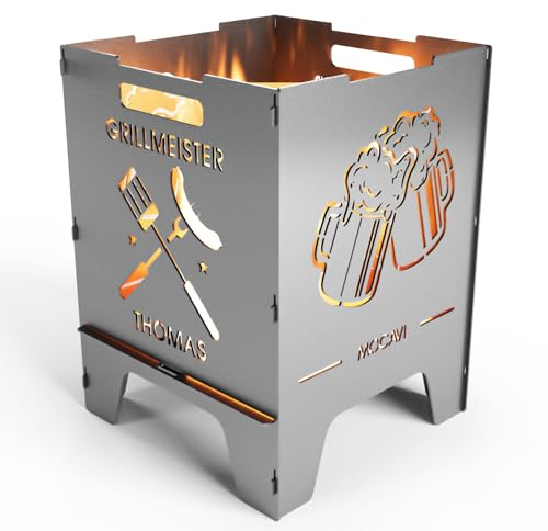 MOCAVI Edelstahl Feuerkorb Grillen 52 cm | 3 mm V2A personalisiert Design-Feuertonne für Garten, Terrasse und Balkon Feuerschale Feuersäule massiv sicher quadratisch Feuerstelle Outdoor hitzefest