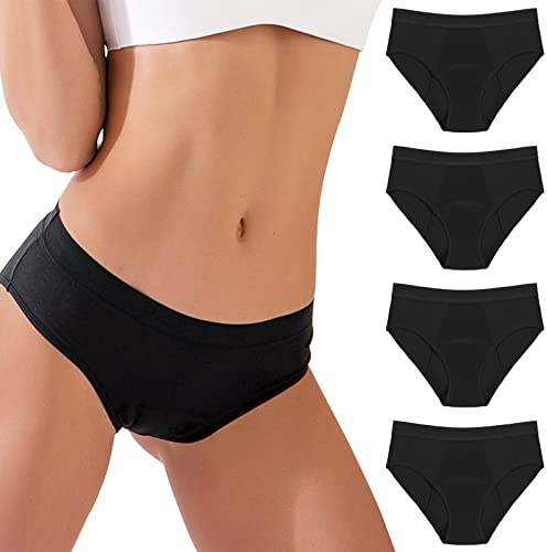 Ropa interior para el período menstrual para mujer, paquete de 4 pantalones absorbentes a prueba de fugas, flujo pesado, protección extra, transpirables, bragas de bikini, color negro (3XL)