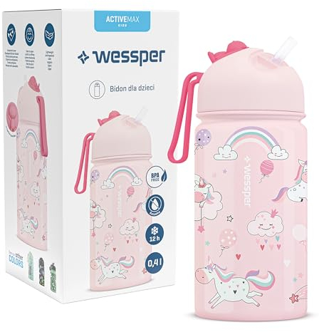 Wessper Bouteille Eau Enfant, Gourde Isotherme Enfants 410ml, Embout Confortable avec Paille, Sans Bisphénol BPA FREE, Léger et Facile à Utiliser, Unicorn Motif