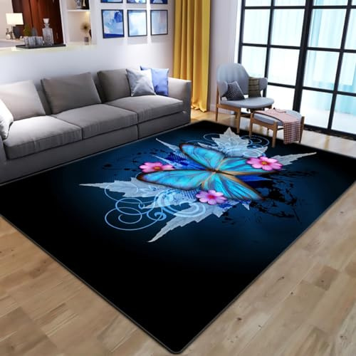 Xisnuient Kinder Teppiche 3D Doodle Schmetterling Blume Muster Jungen MäDchen Wohnzimmer Teppich Kids Zimmer Spiel Flauschiger Carpet Waschbar KüChe Bad Anti-Rutsch-FußMatte (Schwarz,100x150 cm)
