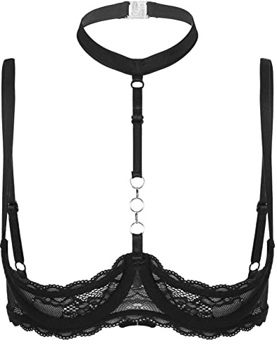 Nyeemya Mujer Sujetador Abierto Sexy Lencería Push Up Bralette Encaje Bikini Top con Aros sin Relleno Erótico Lace Bustier Halter Bra Ropa de Noche Negro XL