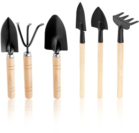 Gjinxi Lot de 6 petits outils de jardin miniatures - Kit de jardinage mignon pour plantes grasses - Kit de jardinage pour plantes en pot - Poignée en bois - Accessoires de transplantation - Plante