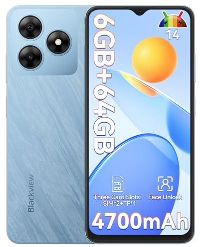 Blackview Mobile Phones, WAVE 8C Android 14 Phones, 6GB+64GB/2TB Octa Core, 6.56 HD+Display, 5000mAh Smart phone 10W Fast Charge, 8MP+13MP Camera, Triple Card Slots, Face Unlocked, OTG, GPS - Blue