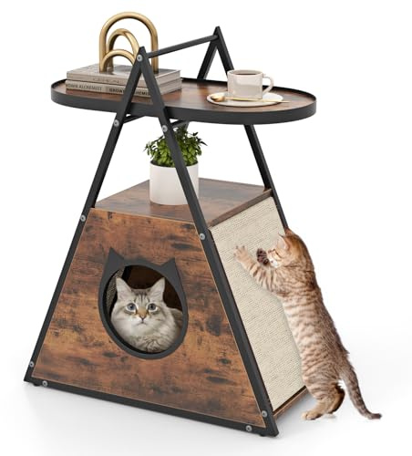 GOPLUS Niche pour Chat en Forme A, 2 en 1 avec Table d'Appoint Triangulaire | Condo pour Chat avec Tapis à Gratter en Sisal, 60x33x76cm