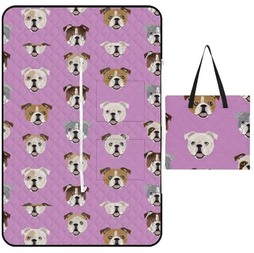 JZemdybill Picknickmatte mit Reißverschluss, lustige englische Bulldogge, Picknickdecke, Outdoor-Teppiche, 150 cm x 100 cm