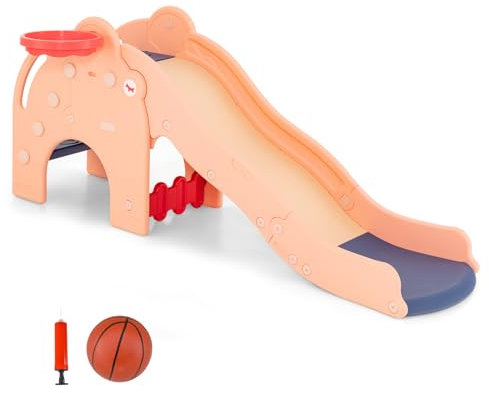 HOMASIS 4 in 1 Parco Giochi Bambini con Scivolo a Onda, Canestro, Scale e Tunnel, Scivolo per Bambini a Forma di Elefante con Pallone e Pompa, Giochi da Giardino per Bambini da 18+ Mesi (Rosa)