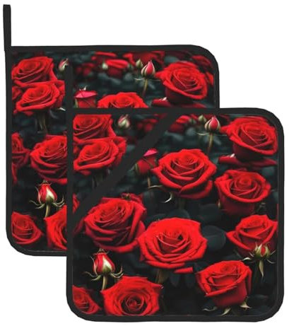 Set di presine isolate con stampa di rose rosse, presine per cucina, adatte per microonde, forno e barbecue all'aperto