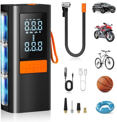 Pompa ad aria elettrica portatile, 150PSI illuminazione LED con modalità di emergenza SOS e Powerbank batteria portatile senza fili con Autostop per auto bicicletta moto palle