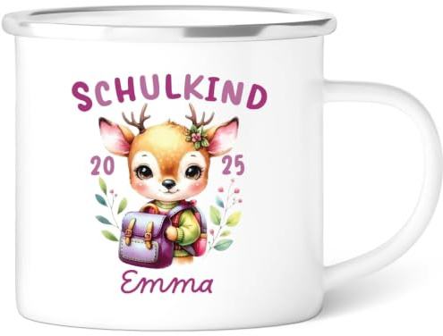 GRAVURZEILE Emaille Tasse für Kinder - Schulkind Reh - Personalisiert mit Namen - versch. Motive - 300 ml - Trinkbecher für Kinder - Geschenk zur Einschulung für Jungen & Mädchen