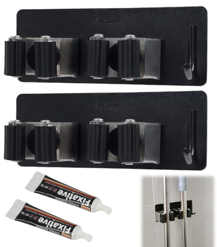 Eddrfy Mop Broom Holder Wall Mounted, 2 Pcs SUS304 Stainless Steel Mop Holders with Hooks, Self-Adhesive & Screw Installation, Waterproof Rustproof Durable Organizer for Kitchen Garage, Space Saving