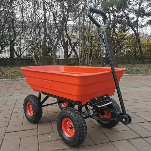 Brouette de jardin avec 4 pneus pneumatiques, cadre en acier robuste, benne en plastique, poignée souple pour le transport d'outils, de plantes et de feuilles