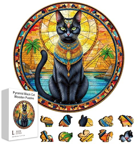 GLOBLELAND Holzpuzzle Erwachsene 200 Teile Holzpuzzles Ägyptische Katze Pyramide Wooden Puzzle Unregelmäßige Einzigartige Puzzle für Erwachsene Kreatives Weihnachten Geschenke 11.2x11.2 Zoll