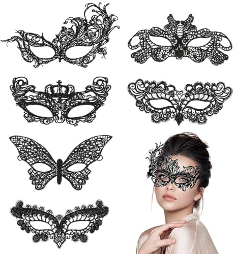 EAVUYIS Spitze Maske, 6 Stück Venezianische Maske Spitze Damen, Schwarz Sexy Lace Augenmaske für Frauen, Maskerade Maske für Halloween Karneval Abendkleid Tanz Ball Party