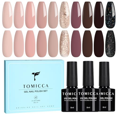 TOMICCA Vernis Semi Permanent Kit, 10 Couleurs Beige Violet Foncé Marron Noir Paillettes Vernis à Ongles Gel Nail Polish Soak Off Vernis Gel UV LED Semi Permanent Pour Salon De Manucure DIY Home, 8ML