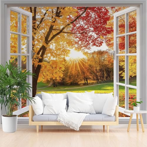 Papier Peint Panoramique Intissé Jungle Automnale Aux Feuilles Mortes 150x105cm(L x H) - Revêtement Mural pour Chambre Salon - Moderne Coucher De Soleil Jaune Décoration Murale Poster Mural xxl