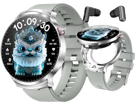 Rainbuvvy Montre Intelligente pour Homme et Homme, écouteurs sans Fil, écran Tactile de 4,7 cm, Moniteur de santé, Montre de Sport pour téléphone iOS Android (Argenté)