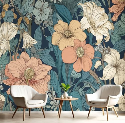 Carta Da Parati Pittura Blu Pesca Fiori E Foglie In Seta 3D Piante Dipinte A Mano Murale Alla Moda Decorazione Da Muro Panoramico Poster Design Per 150X105Cm Fotomurale Ornamento