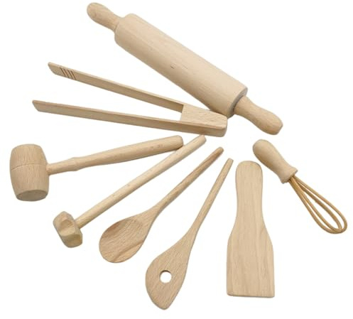 ETUCYNG Child-safe Baking Toys Set With Wooden Utensils 8 Pieces Cooking Toys Including Rolling Pin Spatula & Whisk Educational Role Play For Kids 3-6 Years