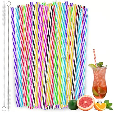 60 Stück Wiederverwendbare Trinkhalme Plastik, Kunststoff mit 2 Bürsten Harter, Lange Dickwandiger Farbmisch Trinkhalme, Strohhalme Plastik Geeignet für Milchtee, Smoothies, Saftgetränke, Cocktails