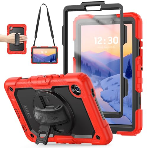 TECHGEAR Utility Case for Samsung Galaxy Tab A11 8.7 (SM-X130 / SM-X135) - Rugged Heavy Duty Shockproof Armour Case, 360 Rotating Stand, Hand Strap & Detachable Shoulder Strap - Red