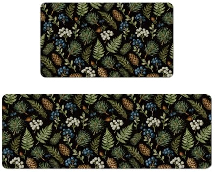 Hobbspring Set di 2 tappetini da cucina, felce, foglie di gomma, per bagno, cucina, tappeto antiscivolo, per interni, ingresso, corridoio, pavimento, decorazione, 43 x 76 – 120 cm, verde, nero