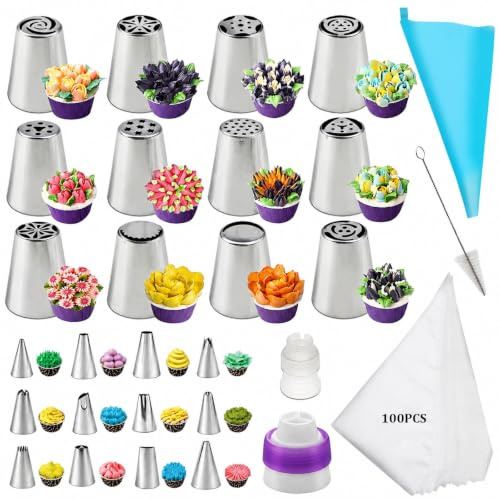 128 stycken spritstyllset i rostfritt stål, munstycken för spritpåse med adapter | 24 munstycken set för spritpåsar + 100 spritpåsar + 1 TPU-spritspåse + 2 adaptrar + 1 rengöringsborste
