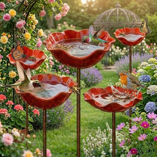 5 Stück Gartenstecker Metall Vogeltränke Blume, Handgefertigte Winterfeste Bienentränke & Insektentränke für Bienen & Schmetterlinge, Dekorative Gartendeko für Draußen, Terrasse und Rasen